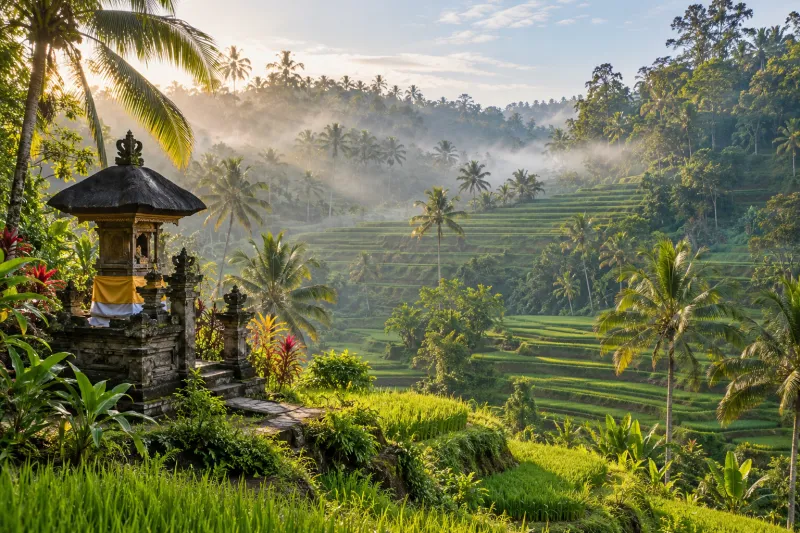 Tegallalang rice terraces with temple shrine and morning mist