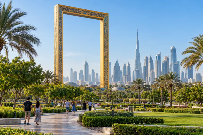 Dubai Frame rising above Zabeel Park in morning light