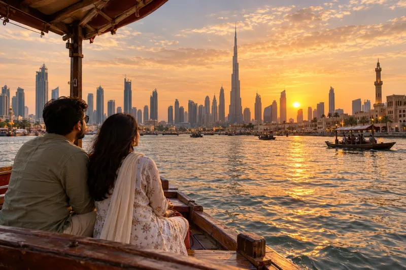 Indian couple viewing Dubai skyline and abra boats at golden hour