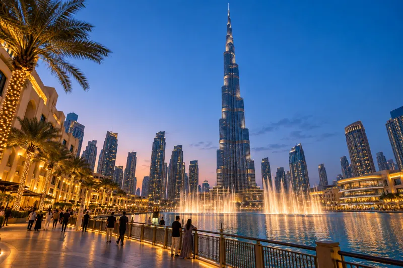 Burj Khalifa and Dubai Fountain promenade at blue hour
