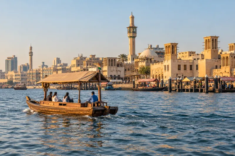 Wooden abra crossing Dubai Creek beside Deira old town