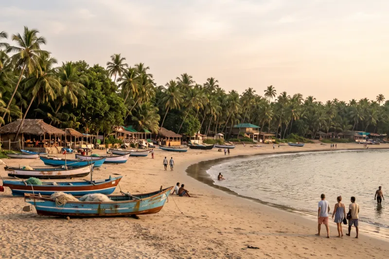 Palolem beach in South Goa with fishing boats, palms and beach huts at sunset