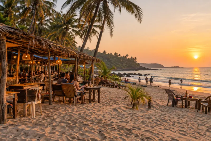 Simple beach shack and chairs on a Goan beach