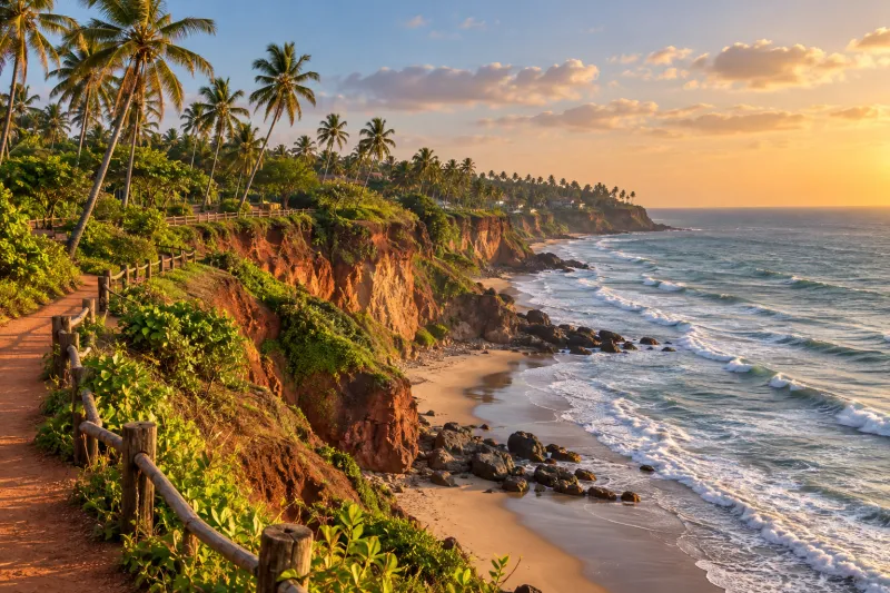 Varkala red cliffs and palm-lined beach in afternoon