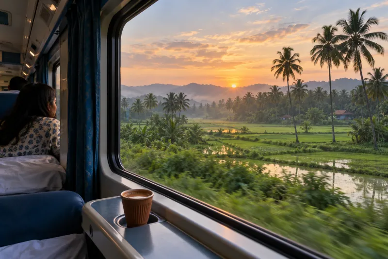 Tea by train window overlooking Kerala fields at dawn