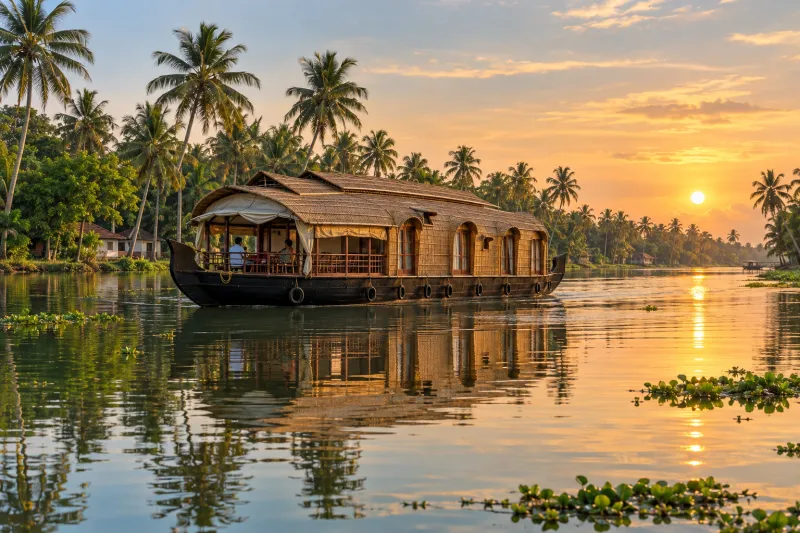 Traditional houseboat on Alleppey backwaters at golden hour