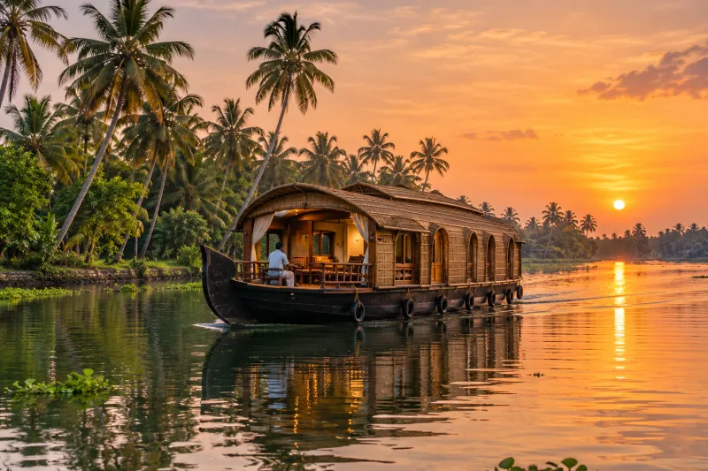 Traditional Kerala houseboat cruising Alleppey backwaters at sunset