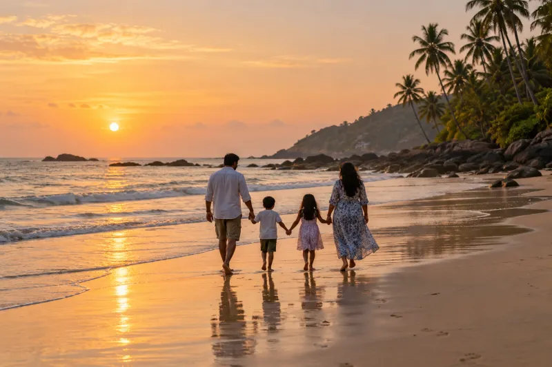 Indian family walking along a palm-lined beach at sunset