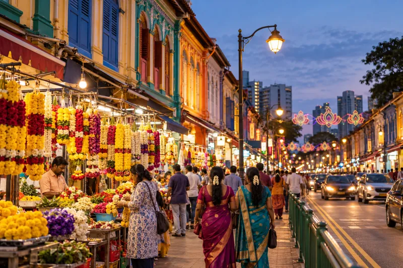 Colourful Little India shophouses glowing in evening light