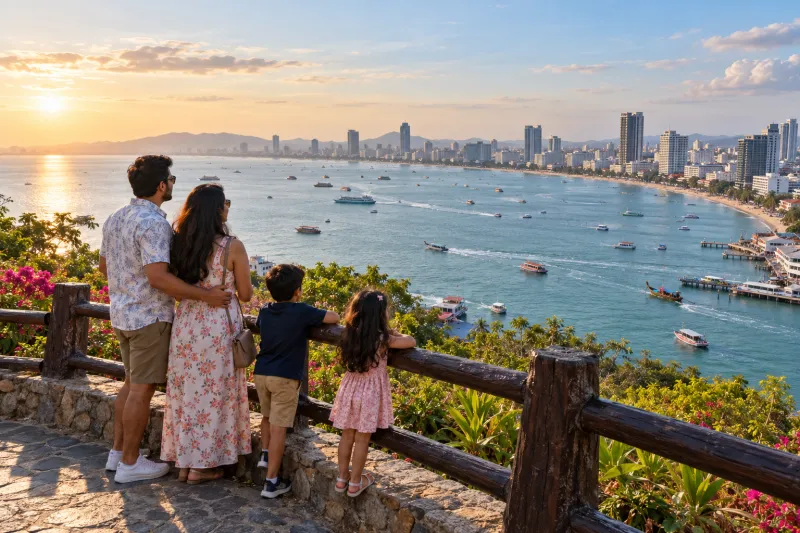 Indian family overlooking Pattaya bay filled with boats