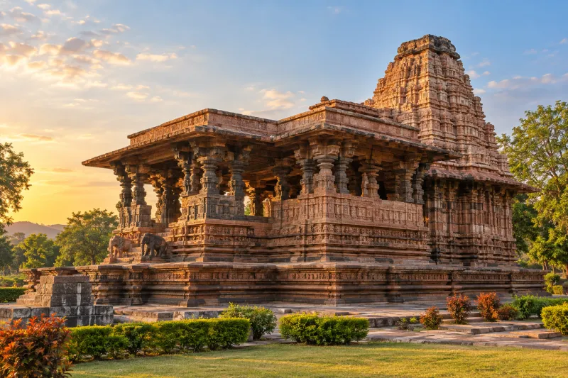 Carved stone exterior of Ramappa Temple near Warangal